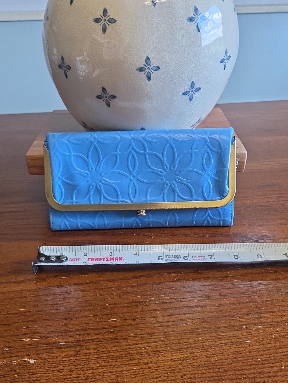 HOBO Lauren Double Frame Glacier Blue Embossed Floral Wallet with Gold Trim